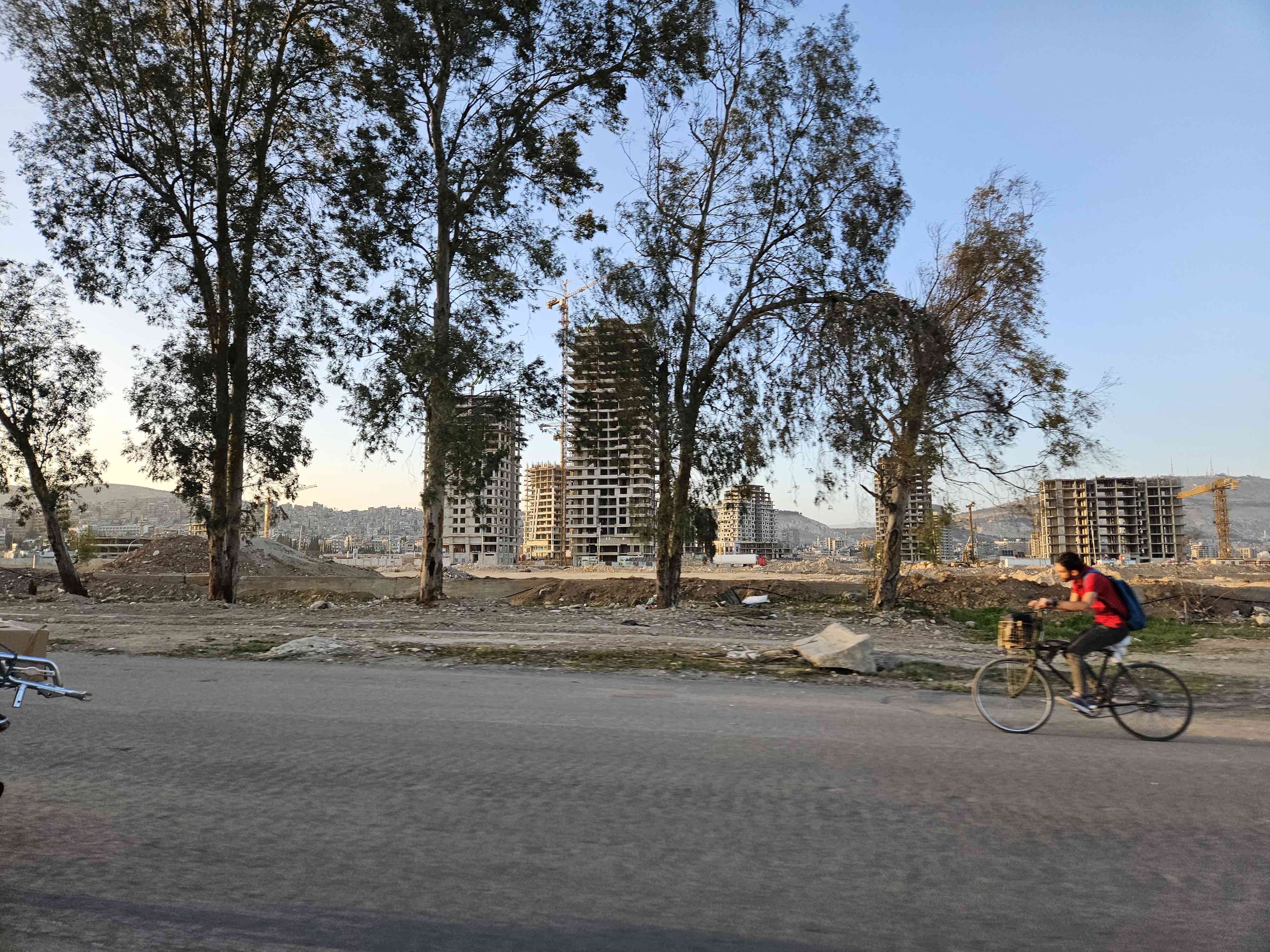 Man on a bicycle on the road in Syria, trees on the background